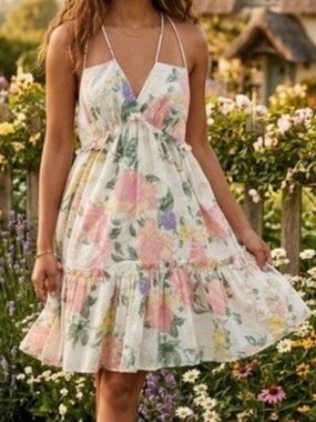 H&M White Floral Mini Dress with Pink, Green & Yellow Print